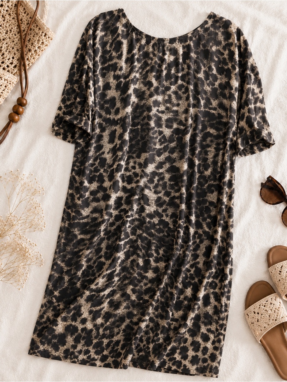Club Monaco Silk Dress Size 8 Brown Animal Print Shift Short Sleeve Sheath